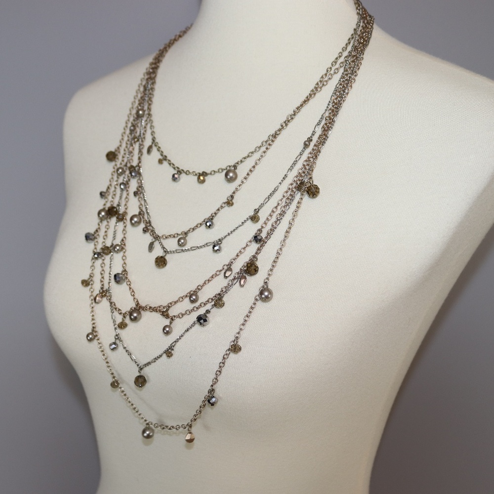 Multi 7 Strand Necklace Gold Silver Bead Pearls